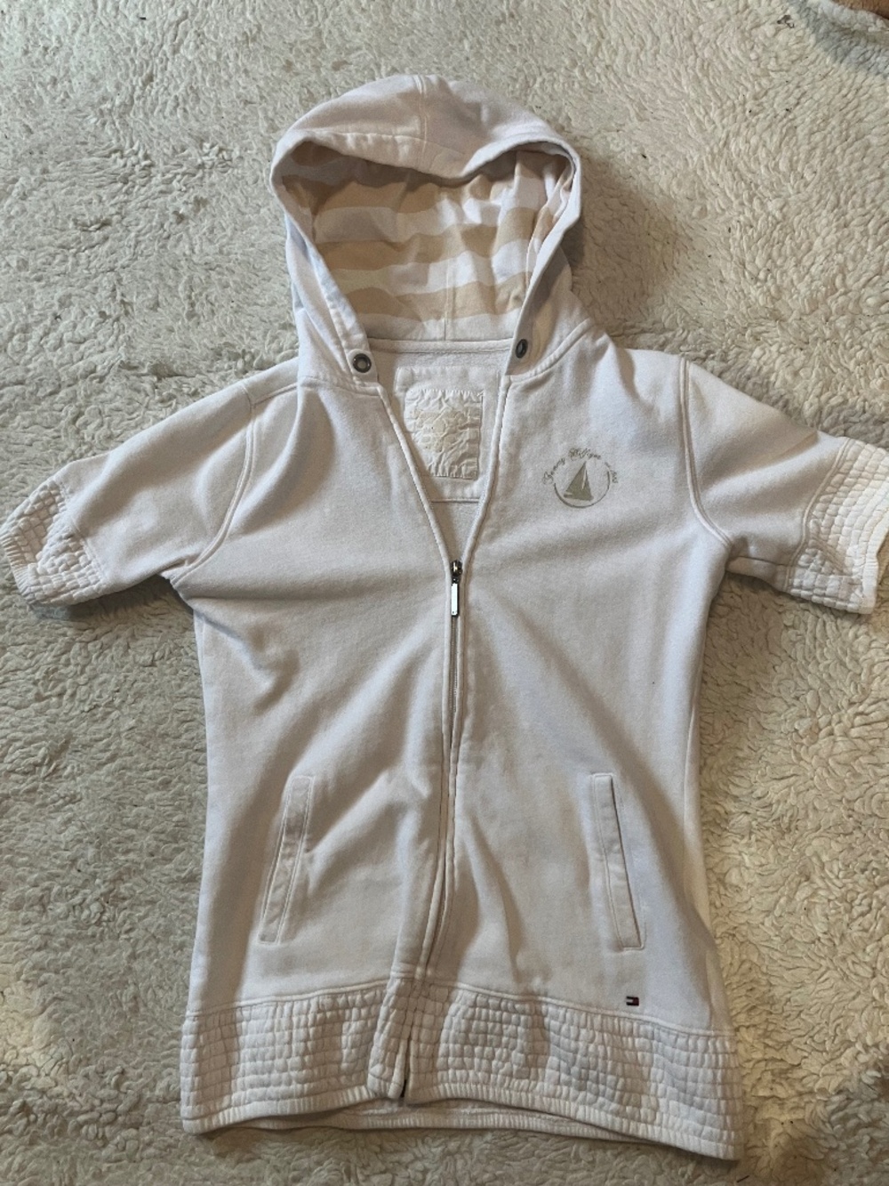 VINTAGE Tommy Hillfiger Short Sleeve Hooded Stripe Zip Up
